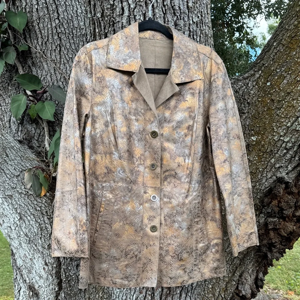 Y2K Chico’s Leather Reversible brown+gold snake print maximalist jacket.M
